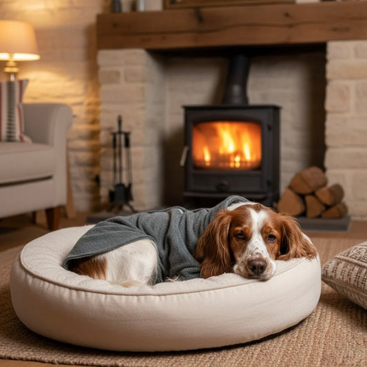 Dog lying on a cushion in front of a fireplace