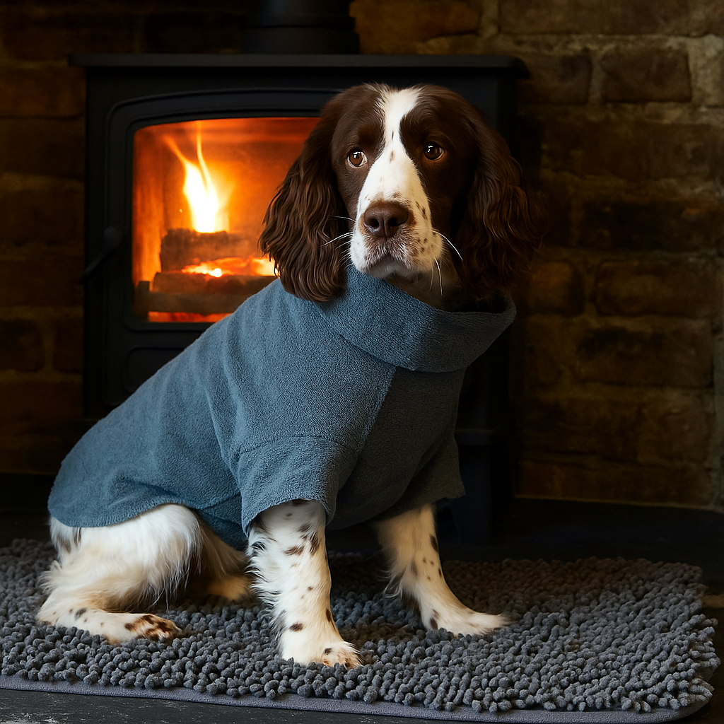 Dog wearing a blue coat sitting in front of a fireplace.